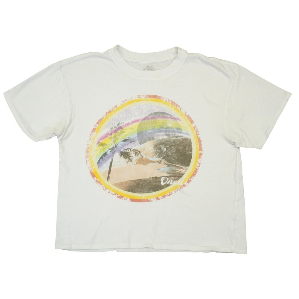 O'Neill Graphic Tee Women Large White Rainbow Beach Surf Short Sleeve T-Shirt